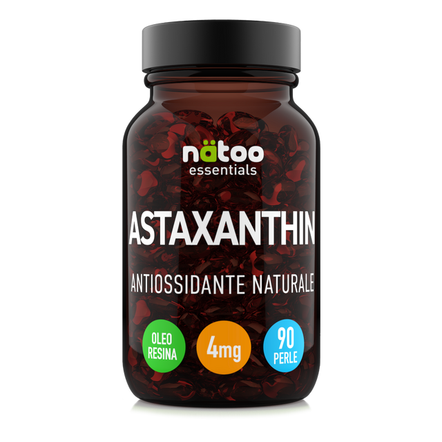 Astaxantina 4 mg oleoresina Natoo Essentials antiossidante naturale 90 perle softgel flacone frontale