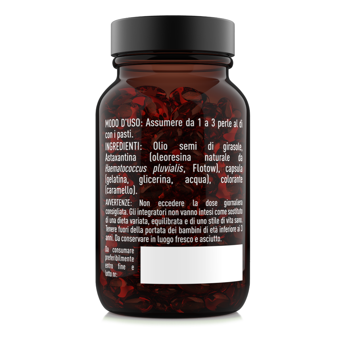 Astaxantina 4 mg oleoresina Natoo dettagli etichetta con modo d’uso e ingredienti da Haematococcus pluvialis