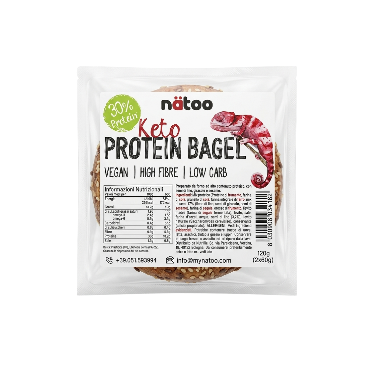 Bagel proteico low carb Natoo con 30% di proteine, pane proteico ricco di fibre con semi di lino, girasole e sesamo