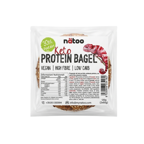 Bagel proteico low carb Natoo con 30% di proteine, pane proteico ricco di fibre con semi di lino, girasole e sesamo
