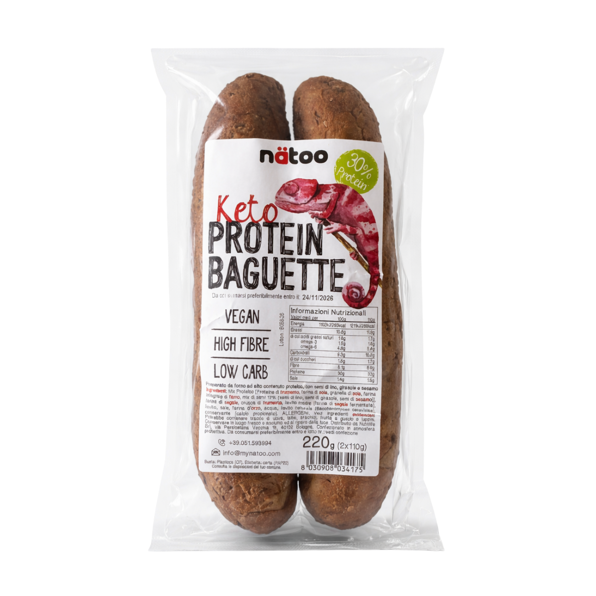Baguette proteica low carb Natoo con 30% di proteine, pane proteico ricco di fibre con semi di lino, girasole e sesamo