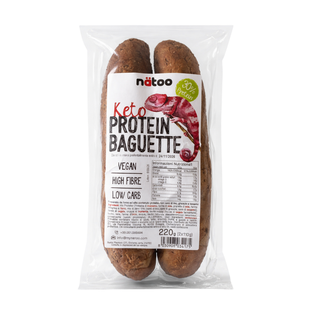 Baguette proteica low carb Natoo con 30% di proteine, pane proteico ricco di fibre con semi di lino, girasole e sesamo