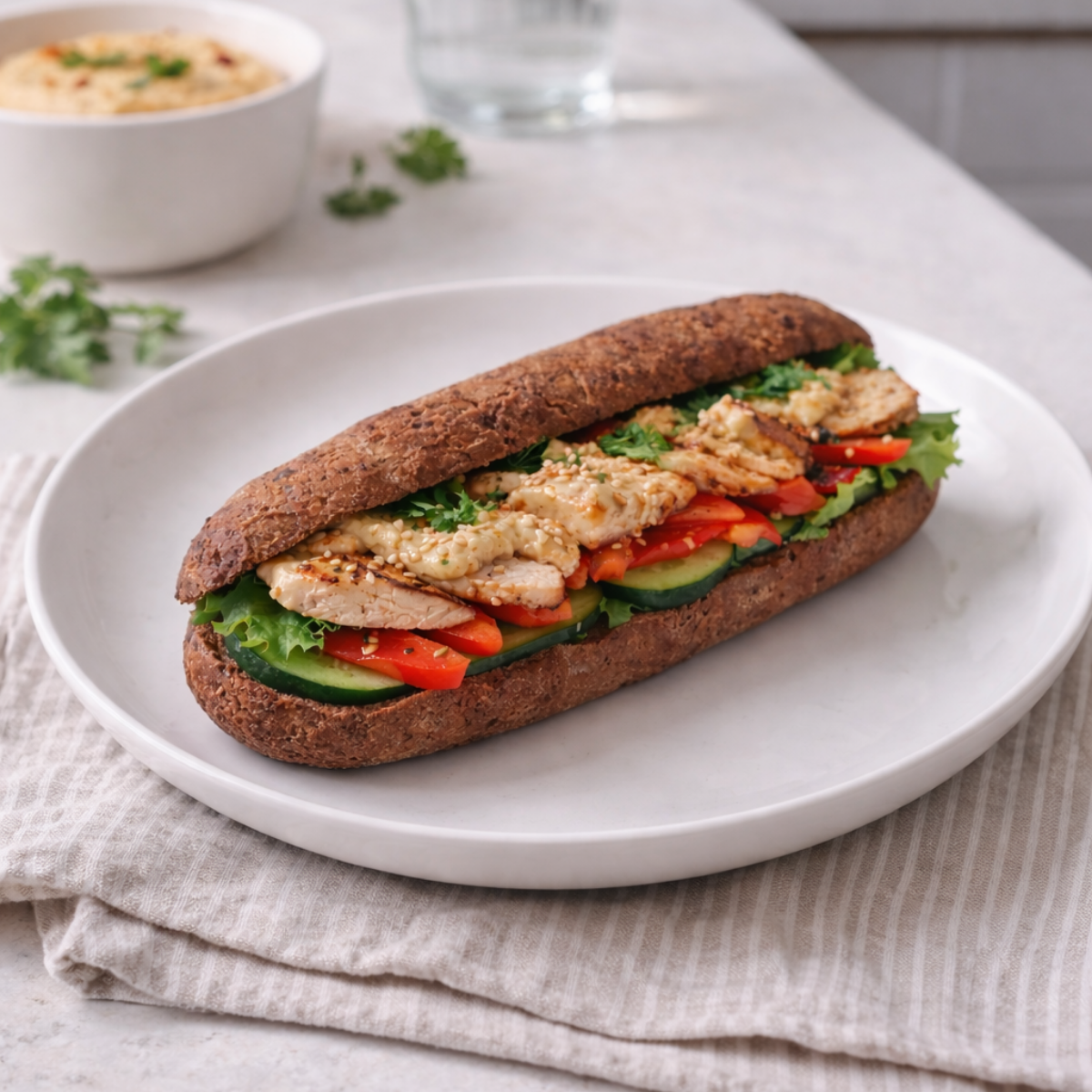 Sandwich preparato con baguette proteica low carb farcita con pollo, verdure fresche e hummus