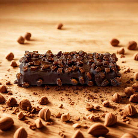 Barretta proteica vegana Nätoo gusto Chocolate Hazelnut con granella croccante di nocciole su fondo in legno