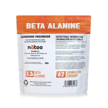 Beta Alanina Natoo 200g informazioni nutrizionali 3,2 g per dose 62 servings retro confezione