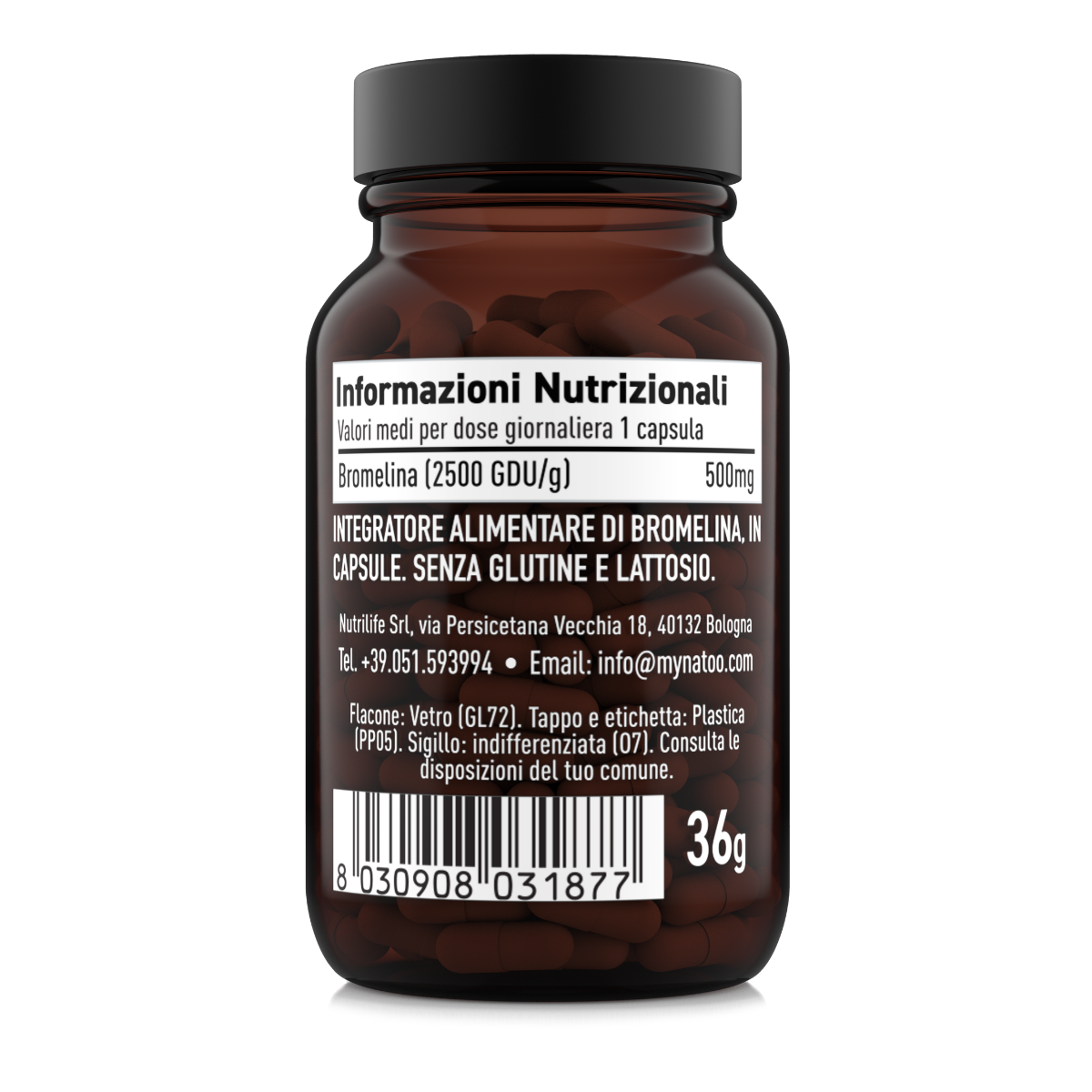 Etichetta informazioni nutrizionali bromelina 500 mg per capsula, senza glutine e lattosio