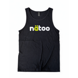 Canotta uomo Natoo nera in 100% cotone vista frontale, canotta sportiva da palestra con logo Natoo