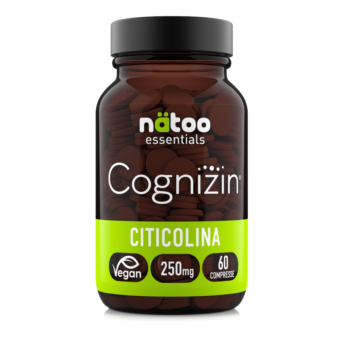 Citicolina Cognizin 250 mg Natoo Essentials 60 compresse integratore di CDP colina vegano vista frontale