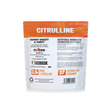 Citrullina in polvere MyNatoo formato 200 g, busta retro con informazioni nutrizionali e modalità d’uso