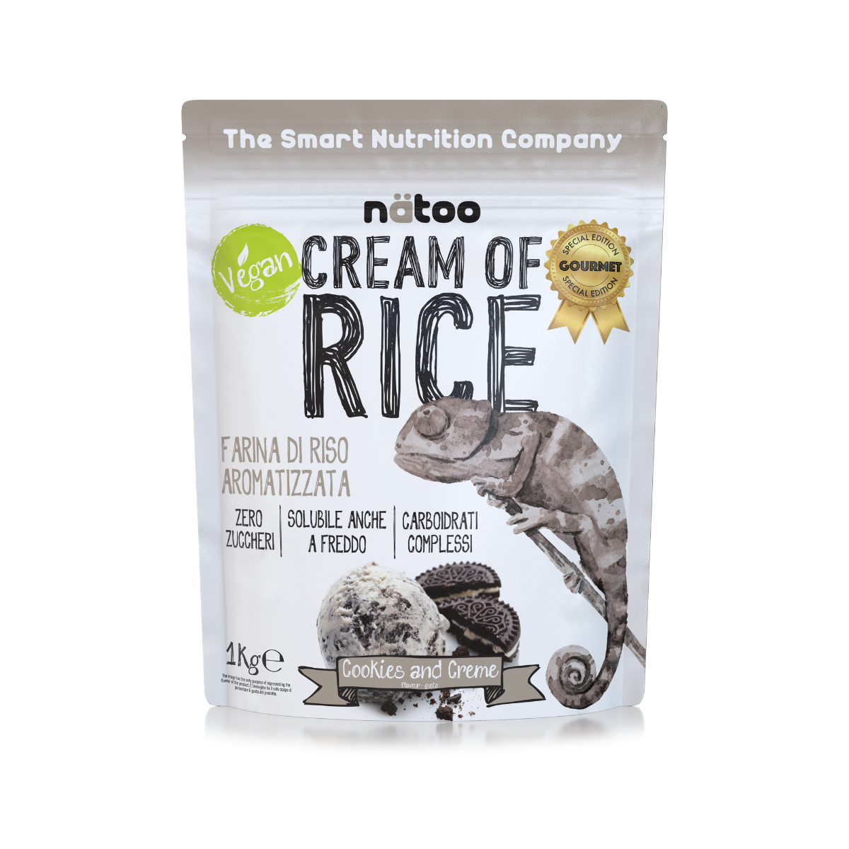 Crema di riso aromatizzata Cookies and Cream Natoo 1kg farina di riso solubile anche a freddo