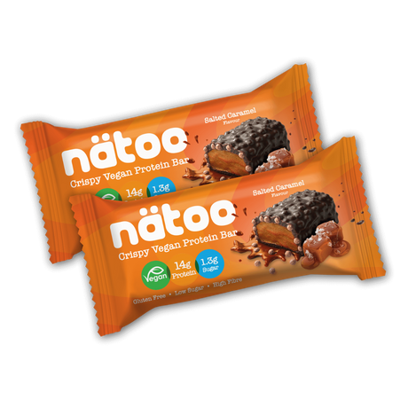 Duo Pack Nätoo di barrette proteiche vegane gusto Salted Caramel – 13g di proteine e solo 1,3g di zuccheri