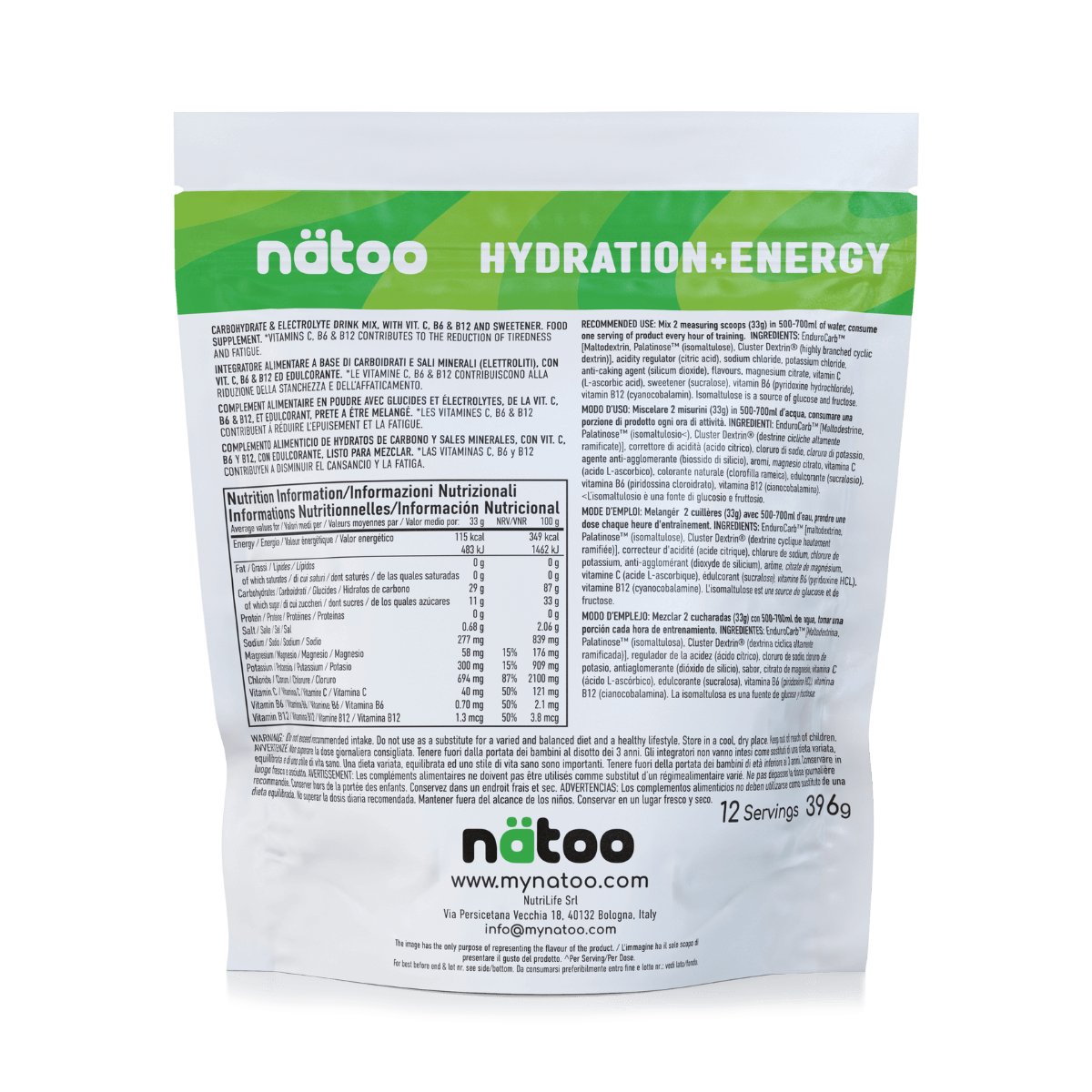 Etichetta con valori nutrizionali e modo d'uso di Hydra Lemon Lime 396 g