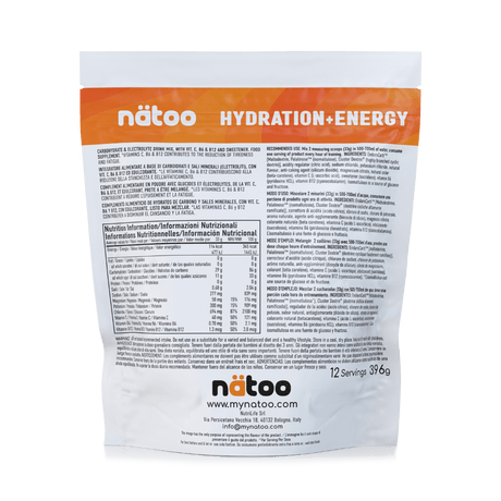 Etichetta con valori nutrizionali e modo d'uso di Hydra Orange Splash 396 g
