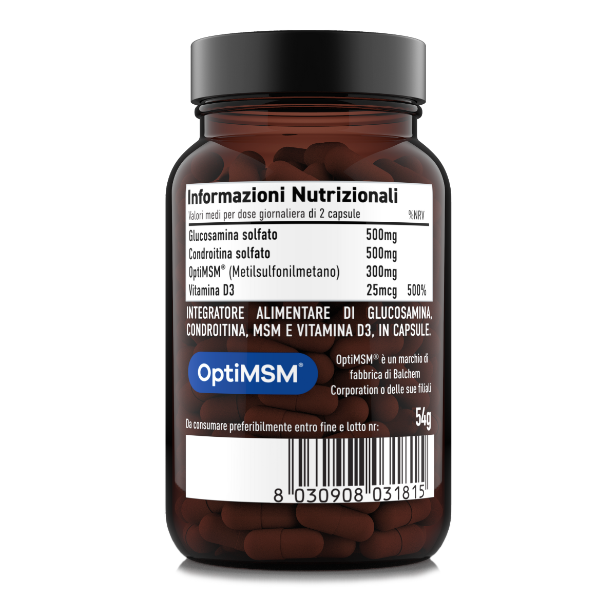 Tabella nutrizionale Joint: 500 mg glucosamina, 500 mg condroitina, 300 mg MSM e vitamina D3