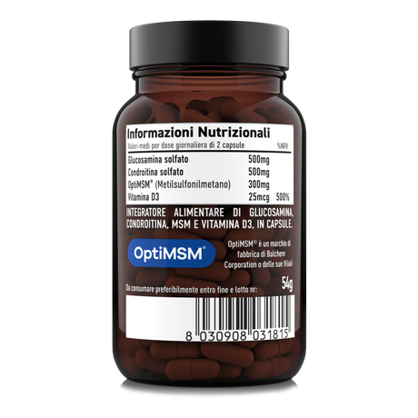 Tabella nutrizionale Joint: 500 mg glucosamina, 500 mg condroitina, 300 mg MSM e vitamina D3