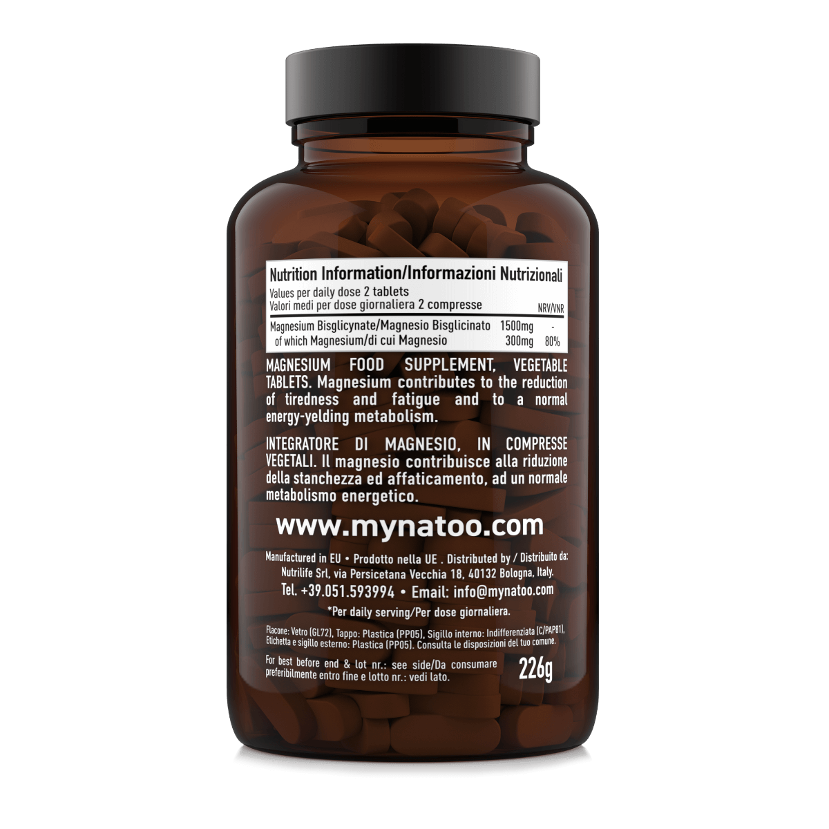 Tabella nutrizionale Magnesio Bisglicinato Natoo 180 compresse, magnesio in forma bisglicinata ad alta assimilazione