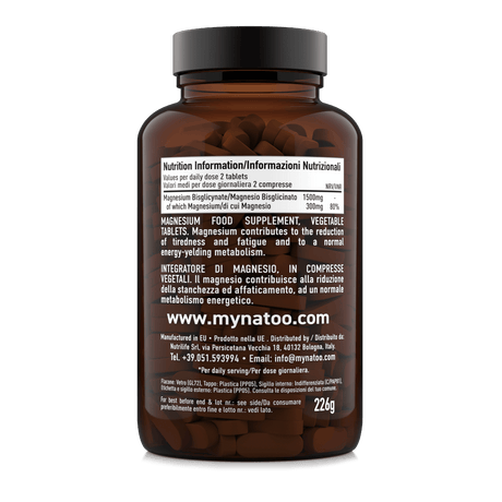 Tabella nutrizionale Magnesio Bisglicinato Natoo 180 compresse, magnesio in forma bisglicinata ad alta assimilazione