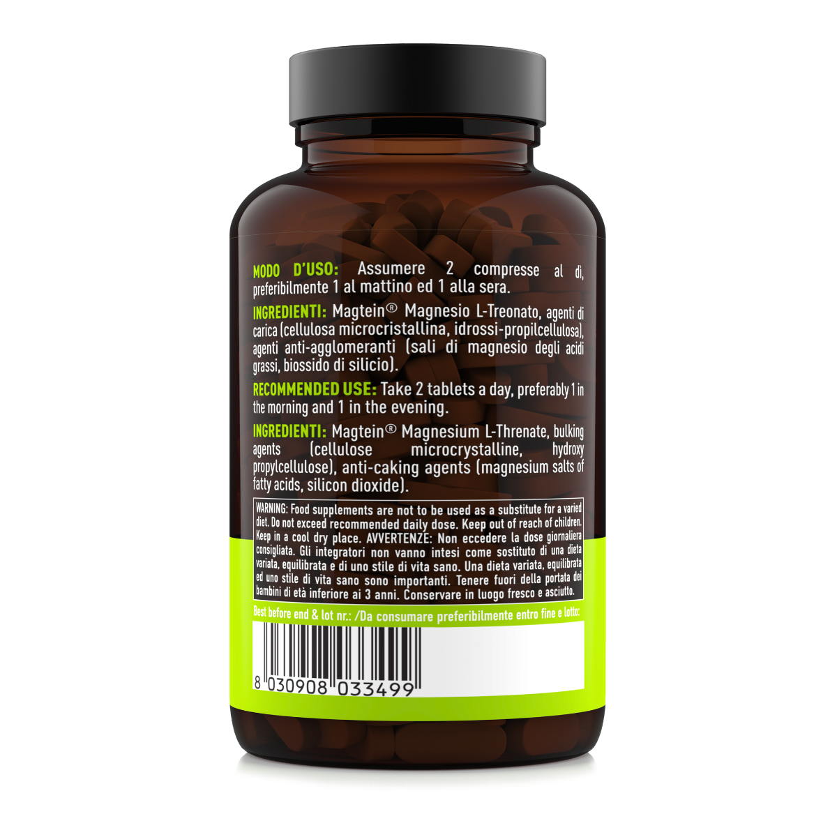 Etichetta posteriore del Magnesio Treonato Magtein® MyNatoo da 120 compresse con composizione e indicazioni d’uso