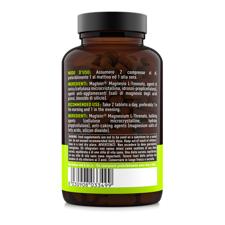 Etichetta posteriore del Magnesio Treonato Magtein® MyNatoo da 120 compresse con composizione e indicazioni d’uso