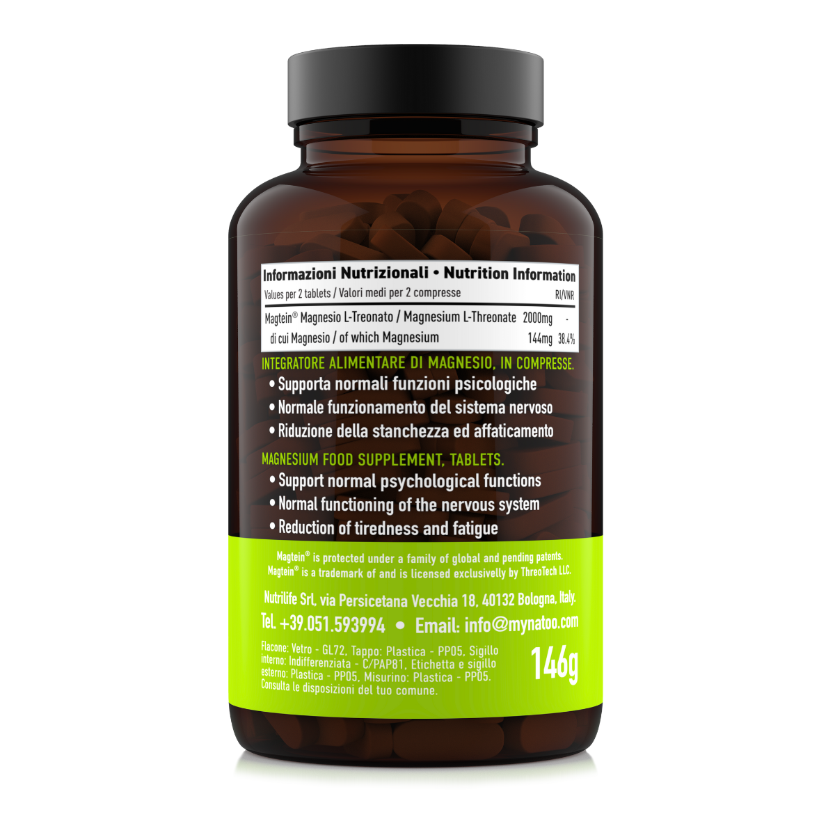 Tabella nutrizionale del Magnesio Treonato Magtein® MyNatoo – contenuto di magnesio per dose, formato convenienza da 120 compresse