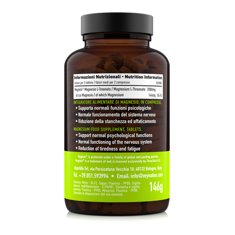 Tabella nutrizionale del Magnesio Treonato Magtein® MyNatoo – contenuto di magnesio per dose, formato convenienza da 120 compresse