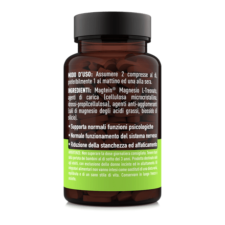 Etichetta posteriore del Magnesio Treonato Magtein® MyNatoo da 60 compresse con ingredienti e modalità d’uso