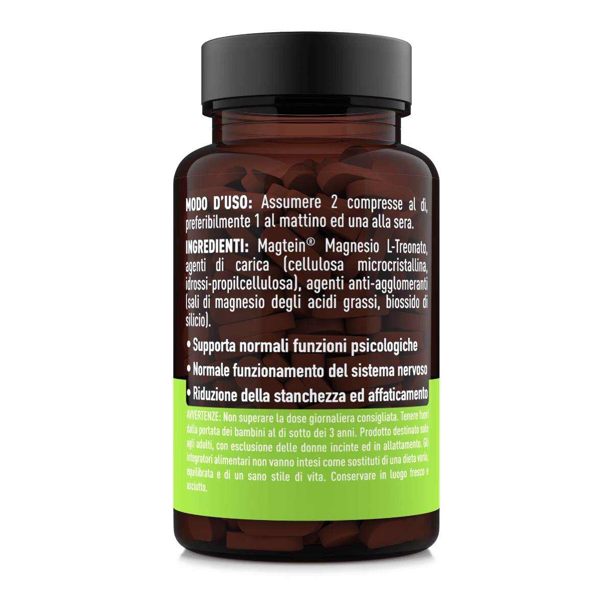 Etichetta posteriore del Magnesio Treonato Magtein® MyNatoo da 60 compresse con ingredienti e modalità d’uso