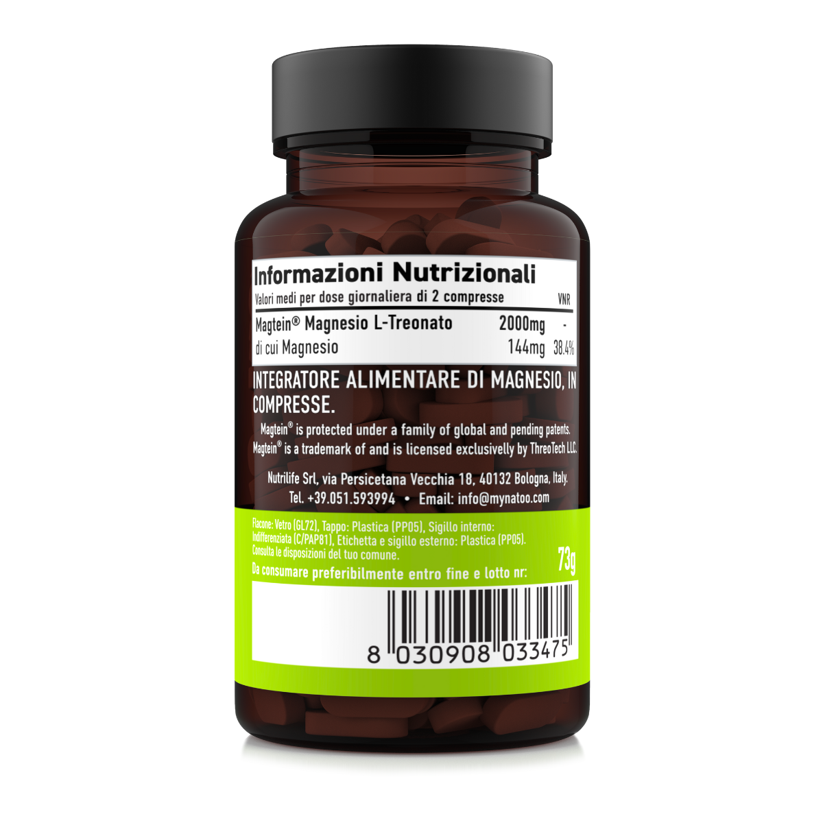 Valori nutrizionali del Magnesio Treonato Magtein® MyNatoo – apporto di magnesio per dose giornaliera, formato 60 compresse