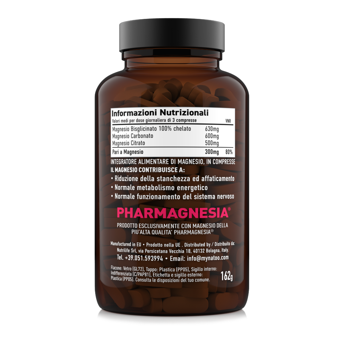 Valori nutrizionali Magnesium Complex 180 compresse: magnesio bisglicinato 100% chelato, carbonato e citrato