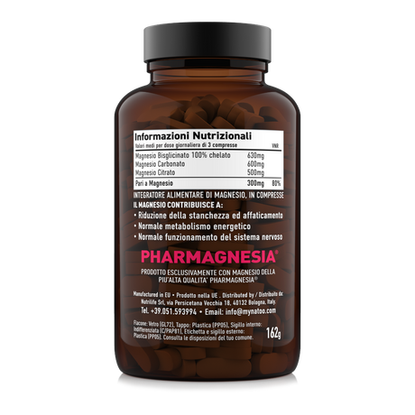 Valori nutrizionali Magnesium Complex 180 compresse: magnesio bisglicinato 100% chelato, carbonato e citrato