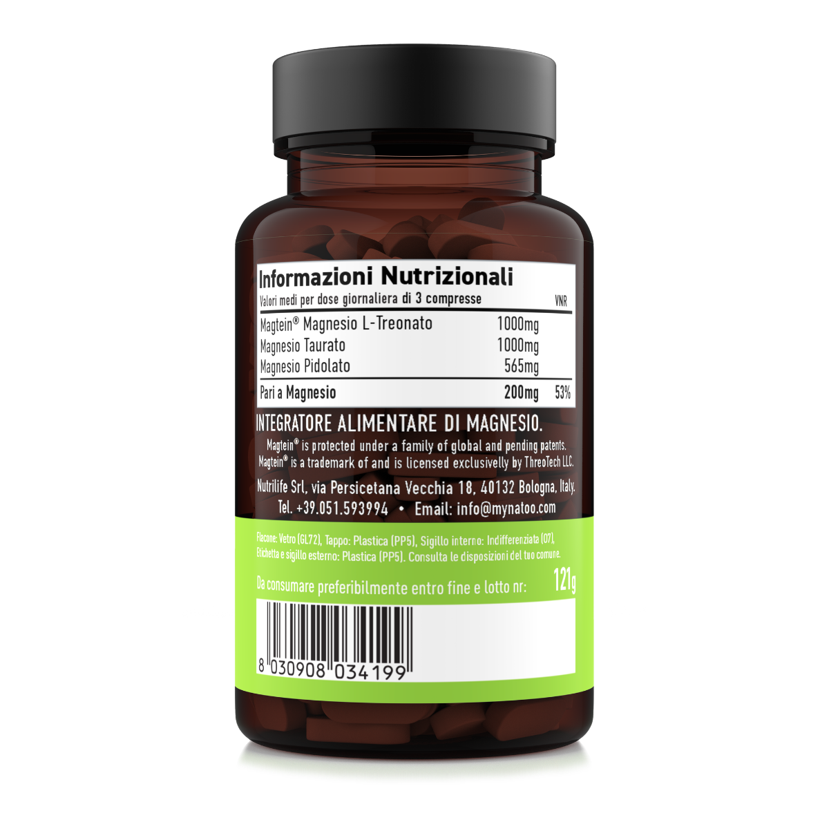 Integratore di magnesio Magtein Complex Natoo con magnesio treonato, taurato e pidolato – tabella nutrizionale