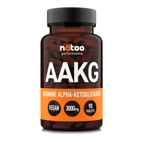 Barattolo in vetro Nätoo AAKG Arginina Alfa-Chetoglutarato 3000mg – 90 compresse vegane pre-workout, vista frontale