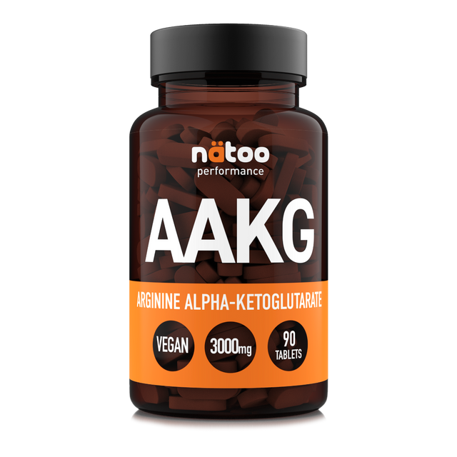 Barattolo in vetro Nätoo AAKG Arginina Alfa-Chetoglutarato 3000mg – 90 compresse vegane pre-workout, vista frontale
