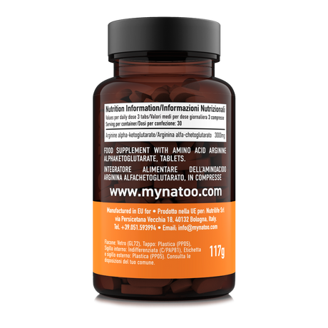 Etichetta laterale sinistra Nätoo AAKG con tabella nutrizionale: 3000mg di Arginina Alfa-Chetoglutarato per dose giornaliera di 3 compresse