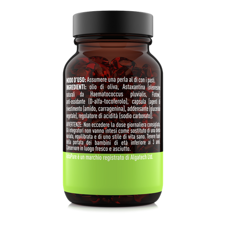 Etichetta laterale destra Nätoo Astaxanthin AstaPure® con ingredienti, modo d'uso e dicitura AstaPure® marchio registrato Algatech Ltd.