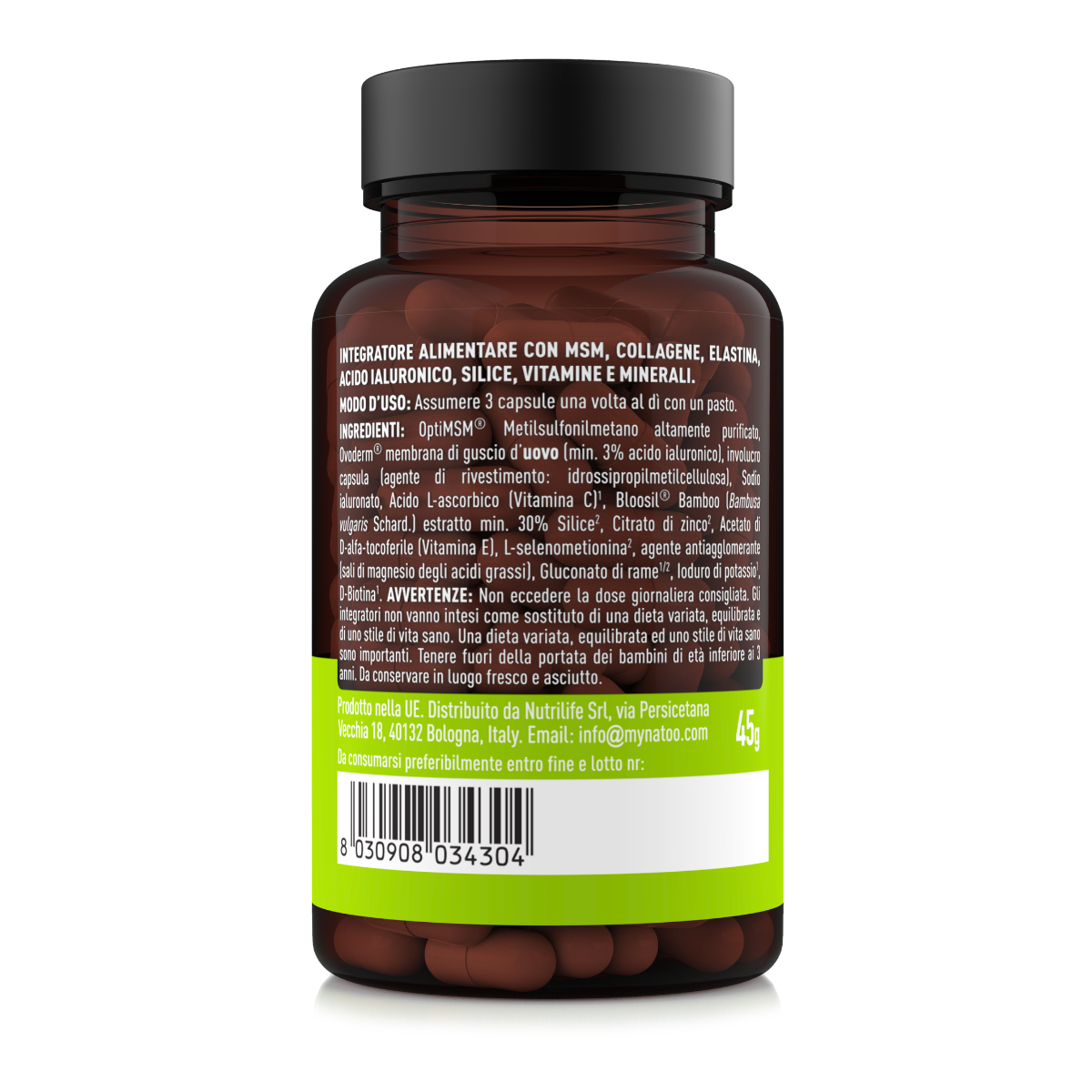 Etichetta laterale destra Nätoo Beauty Complex con ingredienti completi, modo d'uso 3 capsule al giorno e avvertenze del prodotto
