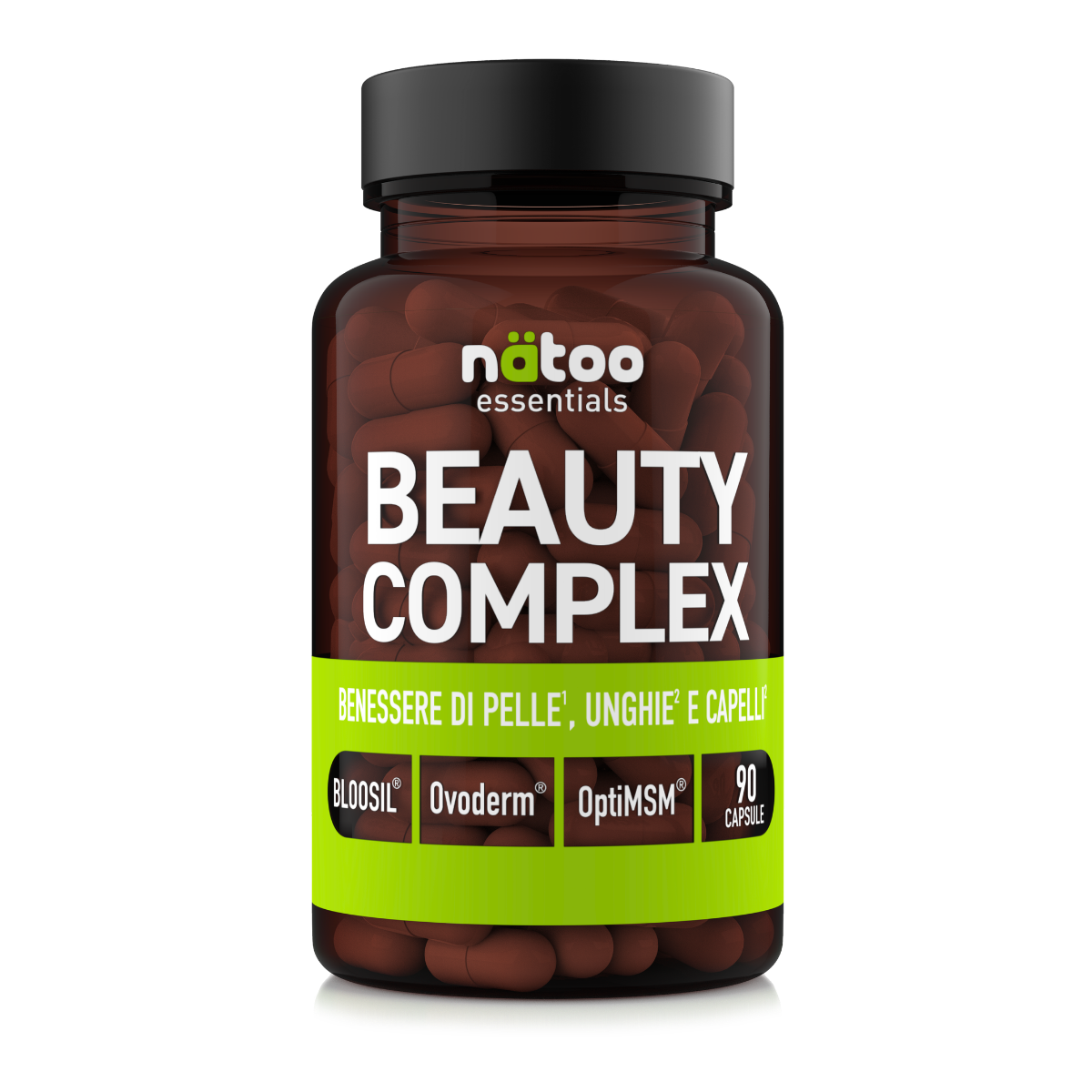 Barattolo in vetro Nätoo Beauty Complex Essentials – integratore con Ovoderm®, OptiMSM® e Bloosil® per benessere di pelle, unghie e capelli, 90 capsule vegane, vista frontale