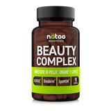Barattolo in vetro Nätoo Beauty Complex Essentials – integratore con Ovoderm®, OptiMSM® e Bloosil® per benessere di pelle, unghie e capelli, 90 capsule vegane, vista frontale