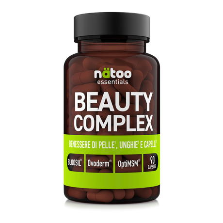 Barattolo in vetro Nätoo Beauty Complex Essentials – integratore con Ovoderm®, OptiMSM® e Bloosil® per benessere di pelle, unghie e capelli, 90 capsule vegane, vista frontale