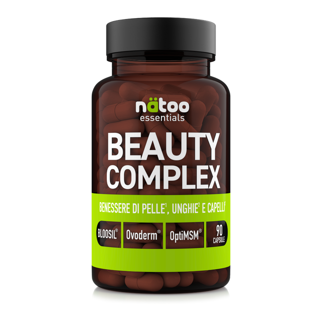 Barattolo in vetro Nätoo Beauty Complex Essentials – integratore con Ovoderm®, OptiMSM® e Bloosil® per benessere di pelle, unghie e capelli, 90 capsule vegane, vista frontale