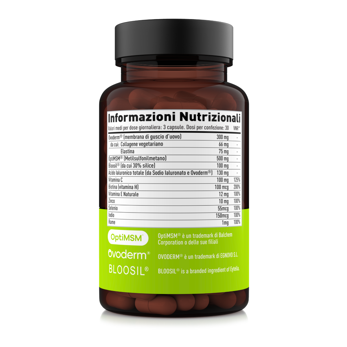 Etichetta laterale sinistra Nätoo Beauty Complex con tabella nutrizionale: Ovoderm® 300mg, OptiMSM® 500mg, Bloosil® 100mg, acido ialuronico 130mg, vitamina C, biotina, vitamina E, zinco, selenio, iodio, rame
