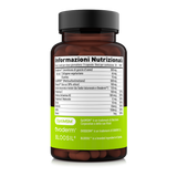 Etichetta laterale sinistra Nätoo Beauty Complex con tabella nutrizionale: Ovoderm® 300mg, OptiMSM® 500mg, Bloosil® 100mg, acido ialuronico 130mg, vitamina C, biotina, vitamina E, zinco, selenio, iodio, rame