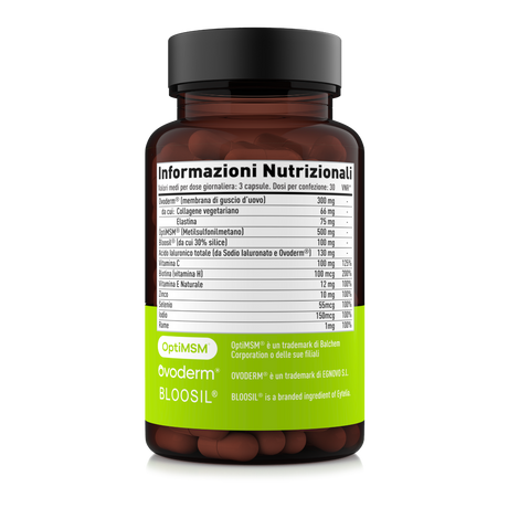 Etichetta laterale sinistra Nätoo Beauty Complex con tabella nutrizionale: Ovoderm® 300mg, OptiMSM® 500mg, Bloosil® 100mg, acido ialuronico 130mg, vitamina C, biotina, vitamina E, zinco, selenio, iodio, rame