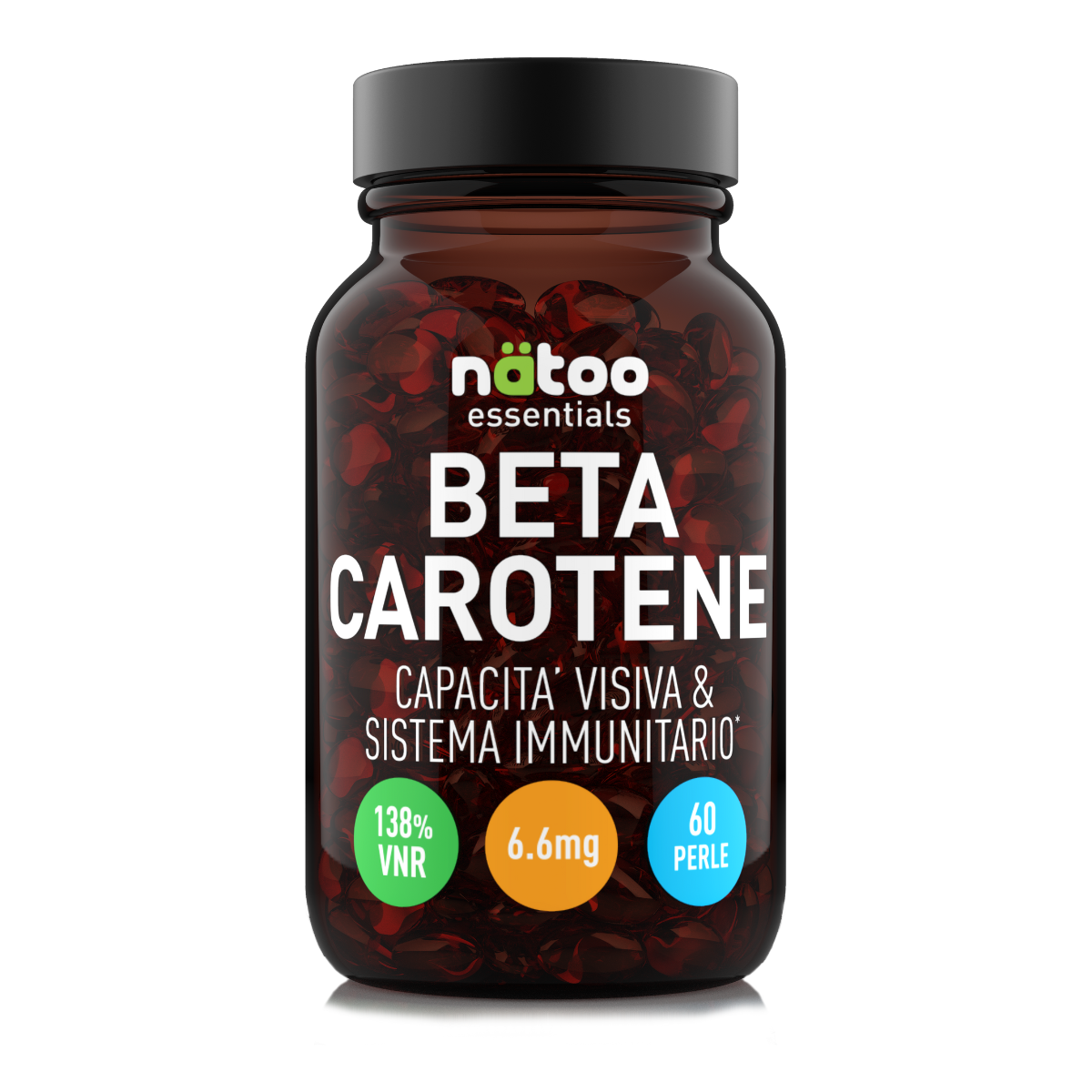 Barattolo in vetro Nätoo Beta Carotene Essentials 6,6mg – 60 perle, 138% VNR Vitamina A, vista frontale