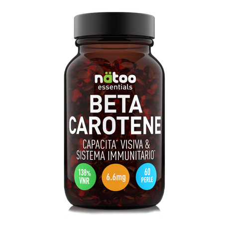 Barattolo in vetro Nätoo Beta Carotene Essentials 6,6mg – 60 perle, 138% VNR Vitamina A, vista frontale
