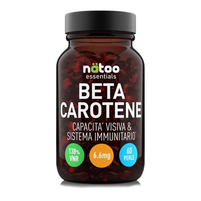 Barattolo in vetro Nätoo Beta Carotene Essentials 6,6mg – 60 perle, 138% VNR Vitamina A, vista frontale