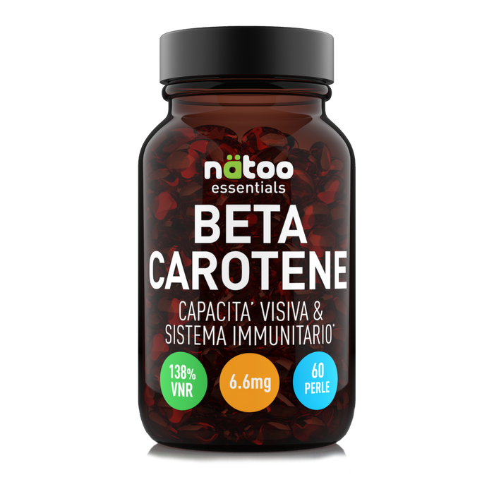 Barattolo in vetro Nätoo Beta Carotene Essentials 6,6mg – 60 perle, 138% VNR Vitamina A, vista frontale