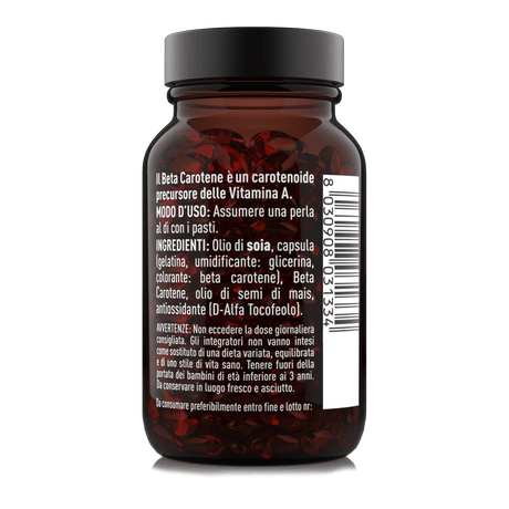 Etichetta laterale destra Nätoo Beta Carotene con ingredienti, modo d'uso e avvertenze – integratore in perle softgel