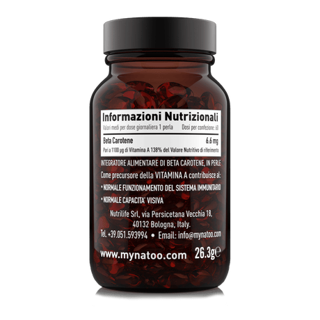 Etichetta laterale sinistra Nätoo Beta Carotene con tabella nutrizionale: 6,6mg per perla, pari a 1100µg di Vitamina A (138% VNR)