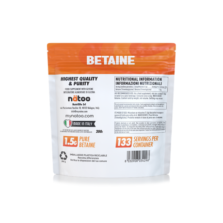 Retro busta Nätoo Betaina 200g con tabella nutrizionale: 1,5g di Betaina pura per misurino, 133 porzioni, ingrediente, modo d'uso e avvertenze